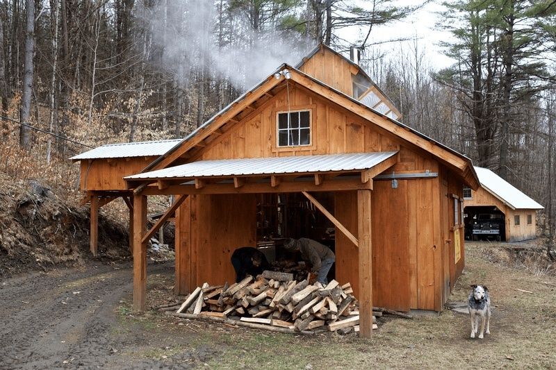 Wood-fired Vermont sugarhouse steaming beside a pile of split firewood