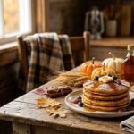 Rustic autumn breakfast with pancakes, pumpkins, coffee, and maple syrup