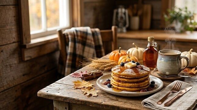 Rustic autumn breakfast with pancakes, pumpkins, coffee, and maple syrup