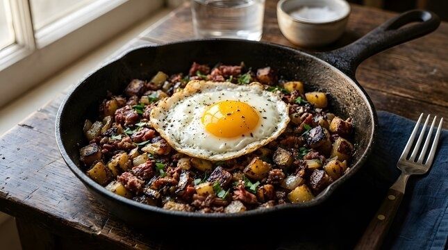 Rustic cast-iron breakfast hash topped with a sunny-side-up egg